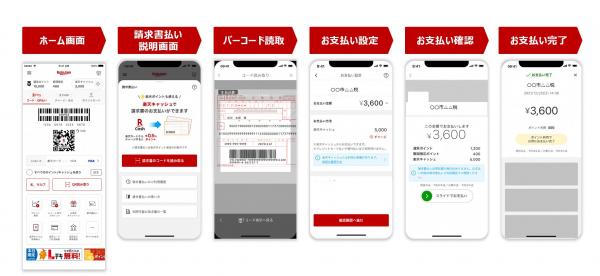 楽天ペイ請求書払い　ホーム画面の請求書払いをタップ、請求書のコードを読み取るをタップ、納付書バーコードを読み取る、支払い内容支払い方法を確認し確認画面へ進むをタップ、支払い内容を確認しボタンをスライドする、支払い完了